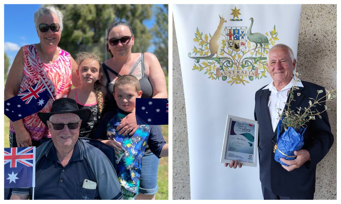 GEORGE TOWN TIME: Left - Shirley, Tony, LeShea, Cass and Xavier Janssens. Right - George Town council Citizen of the Year Michael Barrenger. Photos: Brinley Duggan/Supplied