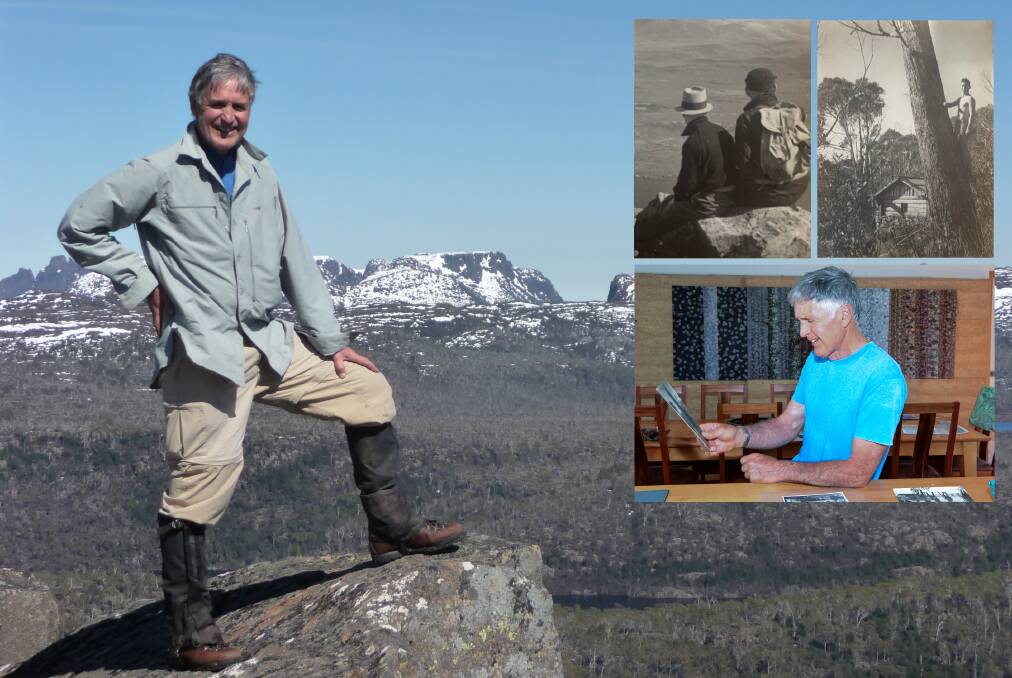 TOP TREKKER: Main - Peter Stackhouse atop Mt Rogoona in the Walls of Jersusalem National Parl. Inset from top right - Photos of Carl Stackhouse from the 1930s. Peter Stackhouse at his house near Launceston. Pictures: Supplied/Neil Richardson.