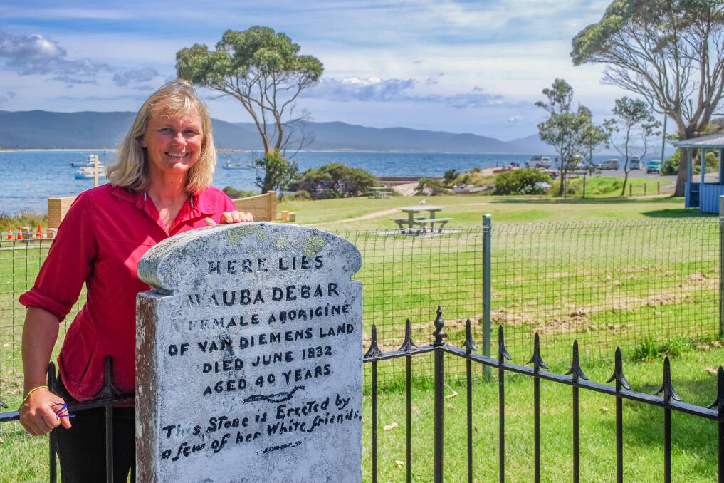STAR POWER: Olympic star Shane Gould at the grave site of Wauba Debar before Bicheno's Devil of a Swim. Picture: Corey Martin