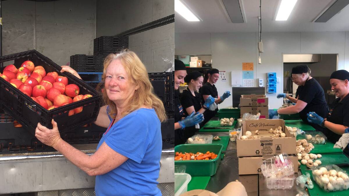 Left - Debbie Ballenden regularly receives meals and fresh produce from Loaves and Fishes Tasmania. Right - Kitchen staff and volunteers making meals in the Loaves and Fishes Devonport kitchen. Pictures: Supplied