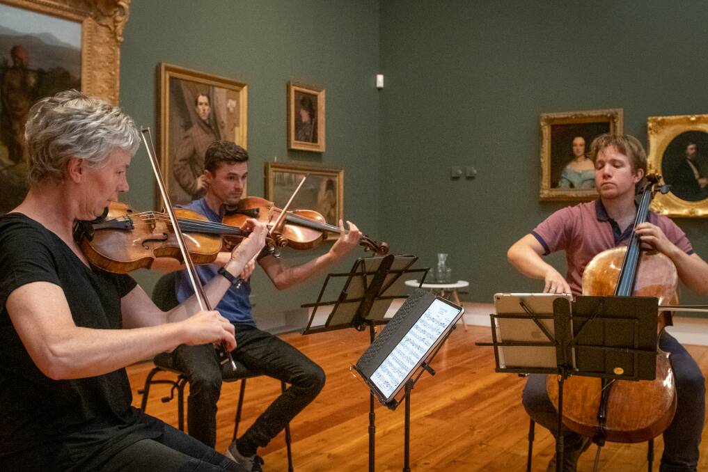 PICTURE PERFECT: Tasmanian Symphony Orchestra members Jenny Owen, Doug Coghill and Jonathan Bekes at the Queen Victoria Art Gallery ahead of Sublime Strings. Picture: Paul Scambler