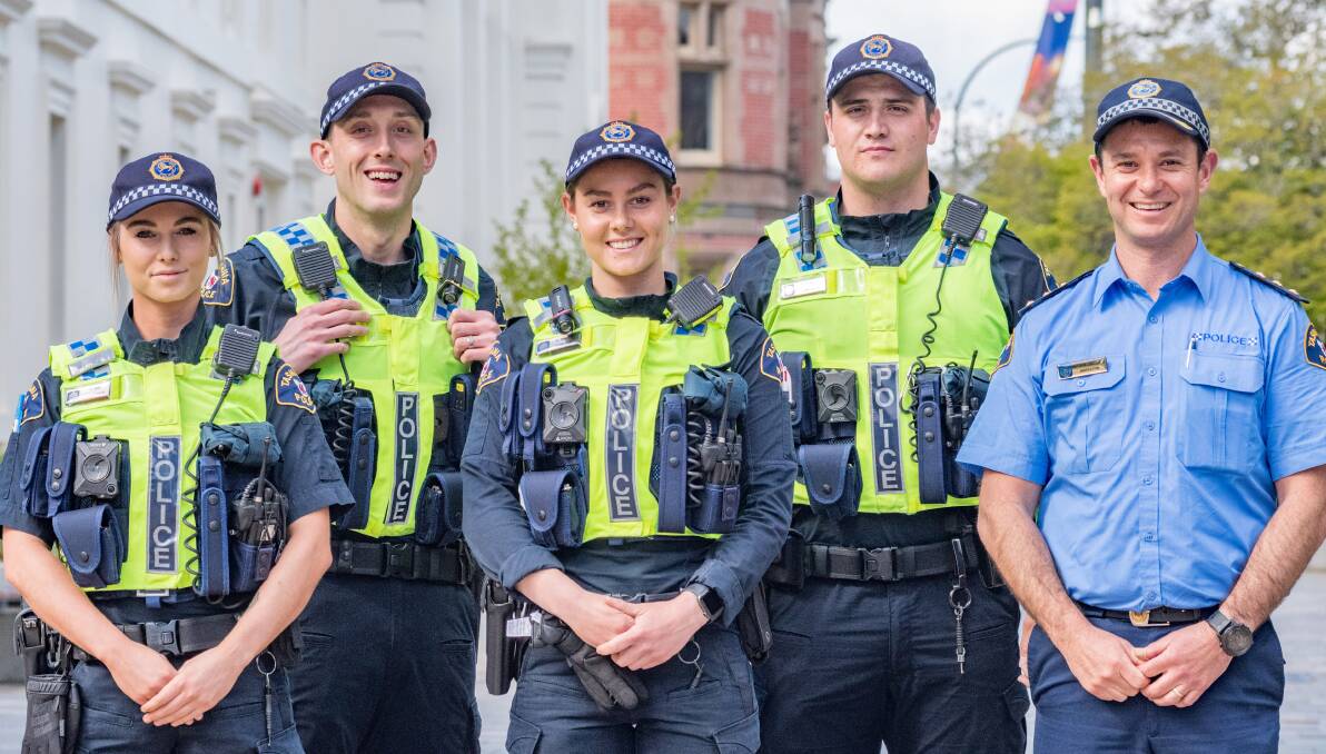 IN FORCE: New Tasmania Police constables Taylor Hay, Damien Springer, Deanna Wadley and Taidgh Rowley with Launceston Inspector Nathan Johnston. Picture: Phillip Biggs