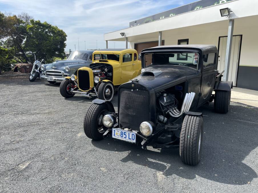 REVVED UP: A '29 Studebaker, '32 Ford Coupe, '50 Chevrolet and '88 Harley Fat Boy that will be at the show on Sunday. Picture: Brinley Duggan