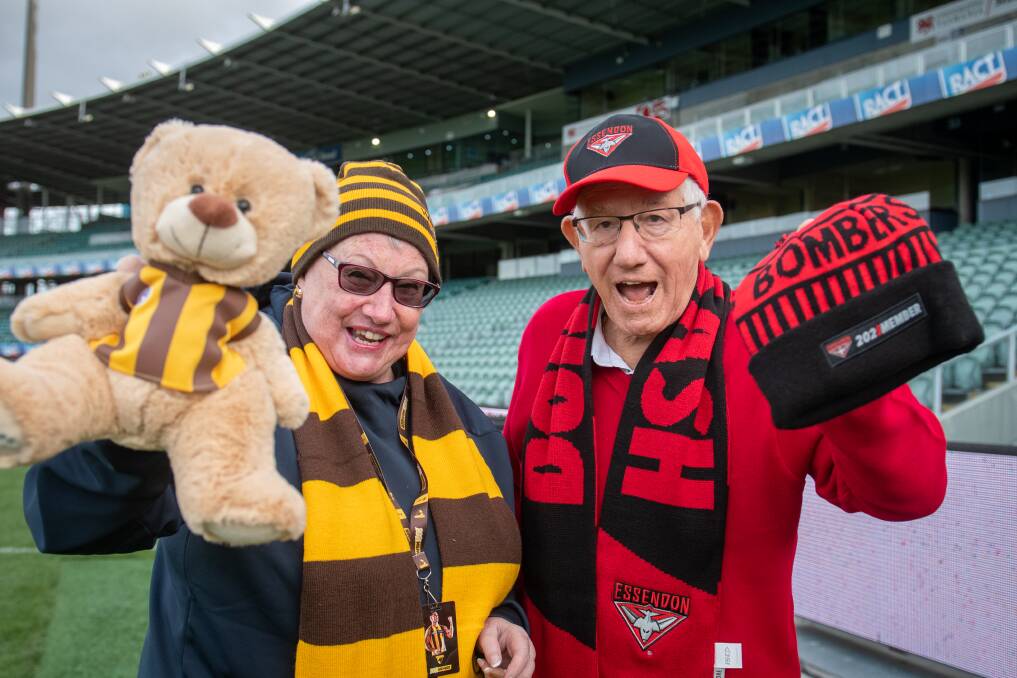 MARVELLOUS MEMBERS: 24-year Hawks member Rosemary Edwards and 50-year Essendon member Victor Vella at UTAS Stadium ahead of the game. Picture: Paul Scambler. Left - Bomber Darcy Parish has had a career best year in 2021. Picture: File