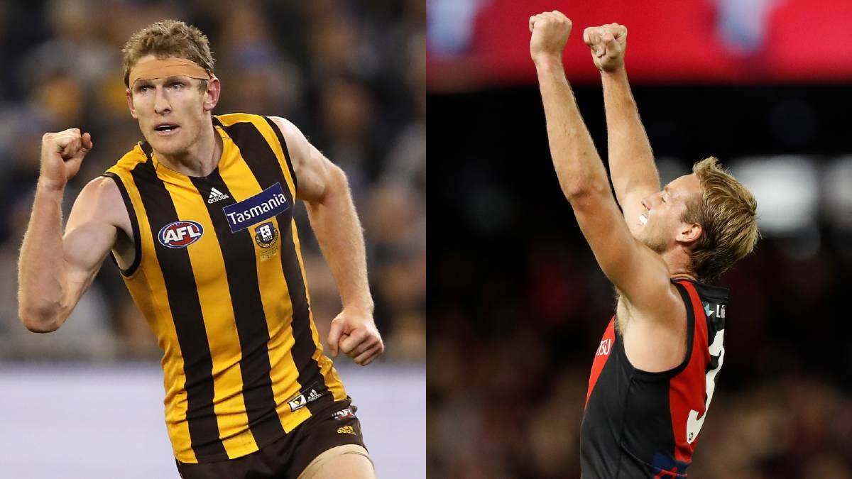 Hawks' big man Ben McEvoy and Bombers' star Darcy Parish. Pictures: Getty Images