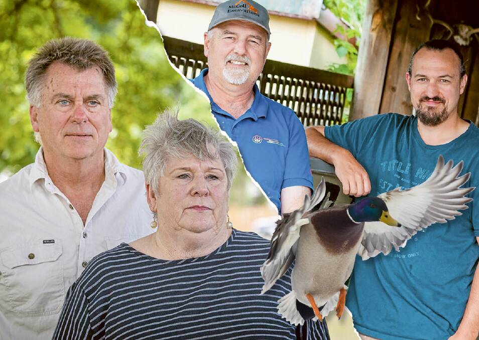DUCK HUNTING: Left - Birdlife Tasmania convenor Dr Eric Woehler and RSPCA Tasmania chief exectuive Jan Davis. Right - Duck hunters and Dorset Field and Game president and secretary Shane and Lee Summers. Pictures: Craig George/Phillip Biggs