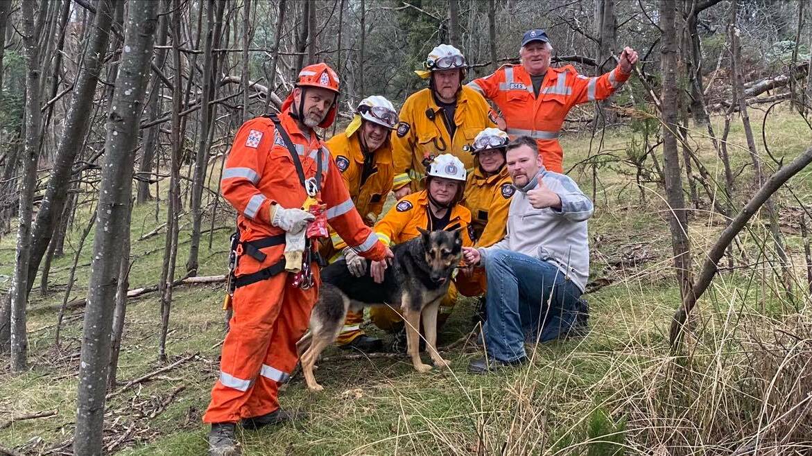 Bear the dog with one of his owners and his team of rescuers. Picture: TFS