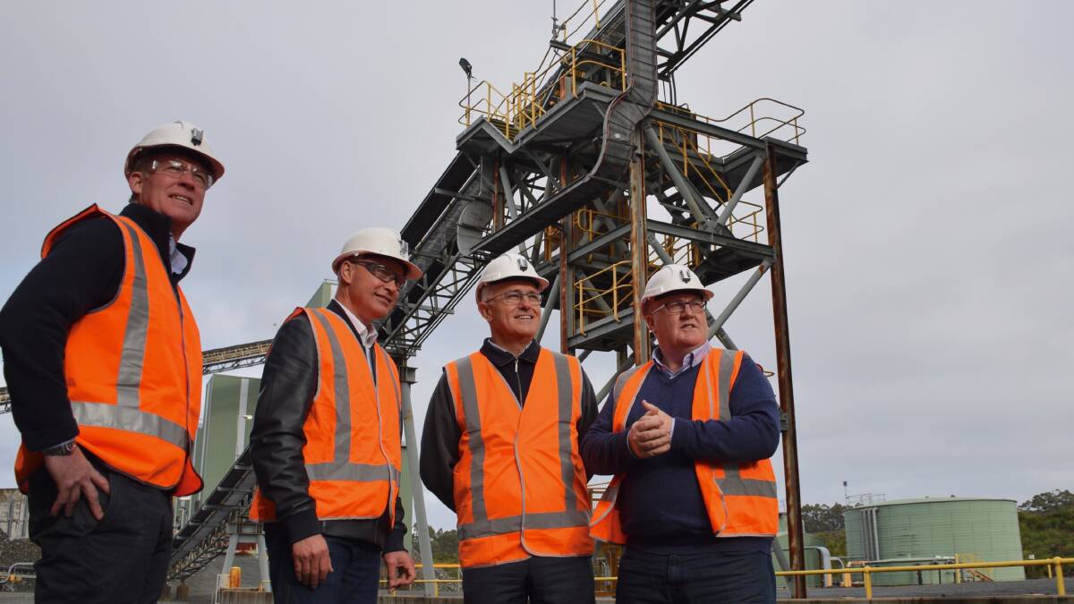 Tasmanian Premier Will Hodgman, Dundas Mining CEO / chair Geoff Summers, Prime Minister Malcolm Turnbull and Liberal Braddon candidate Brett Whiteley at Avebury. Picture: Lachlan Bennett