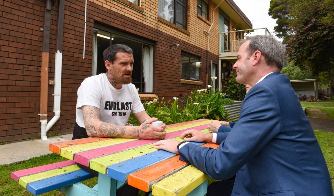 NEW BEDS: Tarran Woods of Somerset, sits with Minister for Health Michael Ferguson at City Mission's Serenity House in the North-West.  Picture: Paul Scambler