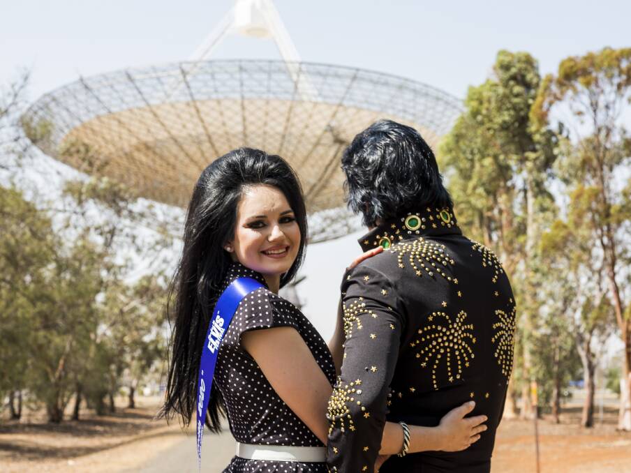 FACE OF THE FESTIVAL: 2020 Miss Priscilla Sharnia Sarsfield from Wellington with the Parkes Elvis Festival's ambassador Al Gersbach at The Dish during last year's event. Photo: Submitted