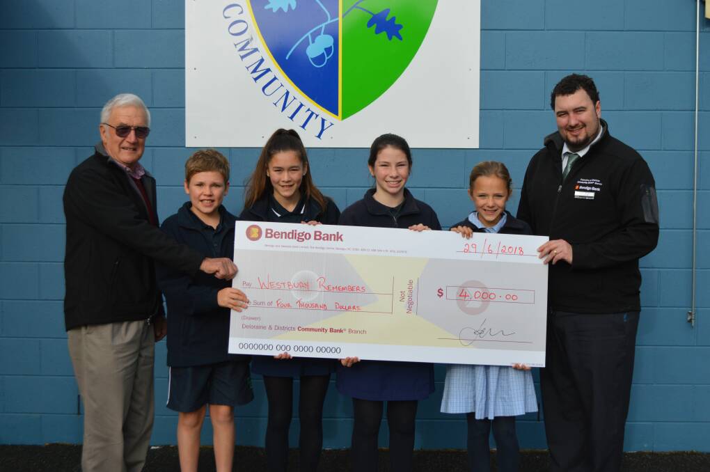 HISTORICAL: Barry Pearn, Jacob Clark, Minesha Chung, Amy Taylor, Ruby Geach and Simon Rootes with the cheque for the book. Picture: Supplied