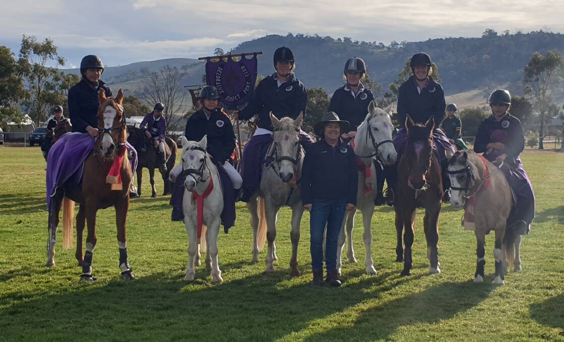 TEAM UNITE: Hollie Bennett, on Joe, Indi Bowles, on Chloe, Paige How, on Commie, Megan Bird, on Gemmagh, Sophie Orchard, on Roy, Hunter Palfreyman, on Harmony, with Coach Sue Walton at the games. Picture: supplied
