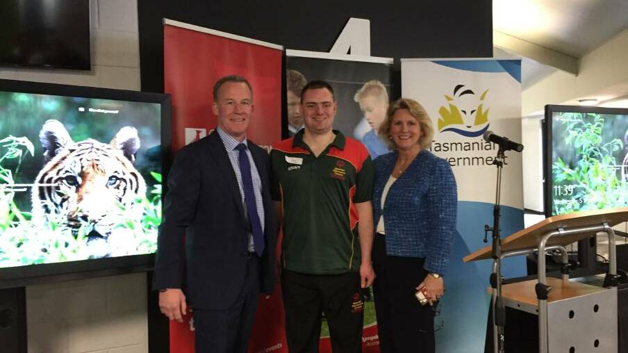 Premier Will Hodgman with games athlete ambassador Daniel Thomson and Special Olympics Australia chief executive Corene Strauss at the launch event. Picture: Matt Dennien