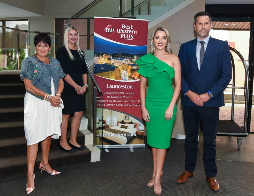 READY: Sue Rees announces the World Supermodel 2020 event is coming to Launceston, with Best Western's Courtney Olds and Leon Wood and model Chelsea Freestone. Picture: Neil Richardson
