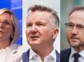 Climate Change Minister Chris Bowen (centre) is under pressure from Greens leader Adam Bandt (right) and independents such as Zali Steggall (left) to raise Labor's climate action ambitions. Picture: ACM