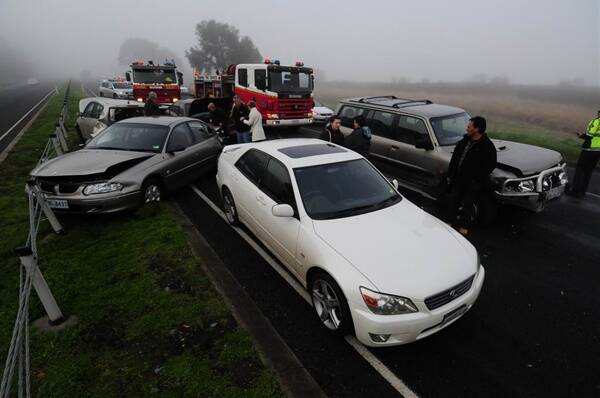 The two crashes occurred in thick fog. Pictures: PHIL BIGGS.