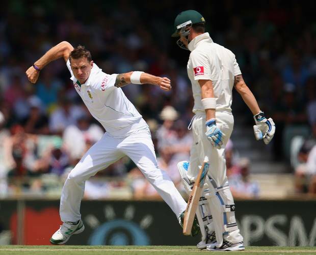Dale Steyn of South Africa celebrates dismissing Australian captain Michael Clarke during day two of the Third Test Match between Australia and South Africa