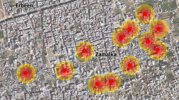 Map of the 330mm chemical rocket impact locations in Zamalka neighbourhood. Photo: Human Rights Watch