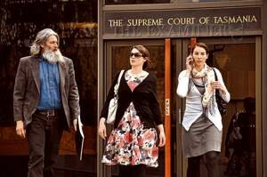 Susan Blyth Neill-Fraser's former husband Brett Meeker and her daughters Emma Mills and Sarah Bowles leave the Supreme Court in Hobart yesterday. Picture: Loretta Johnston*(1/2)