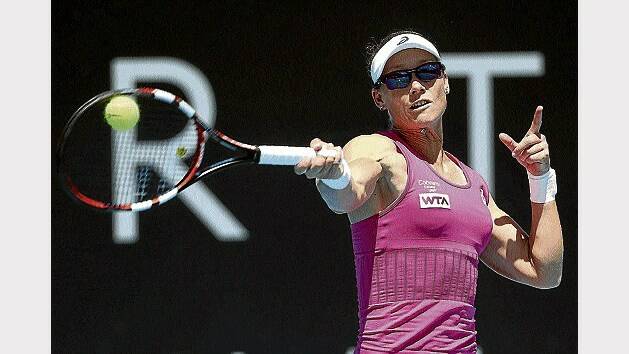 Sam Stosur hits a forehand in her second-round match against Kristina Mladenovic, of France, during day four of the Moorilla Hobart International at the Domain Tennis Centre. Picture: GETTY IMAGES