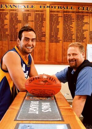 Former AFL recruit Todd Grima with Evandale Football Club president Scott Rigby. Picture: NEIL RICHARDSON