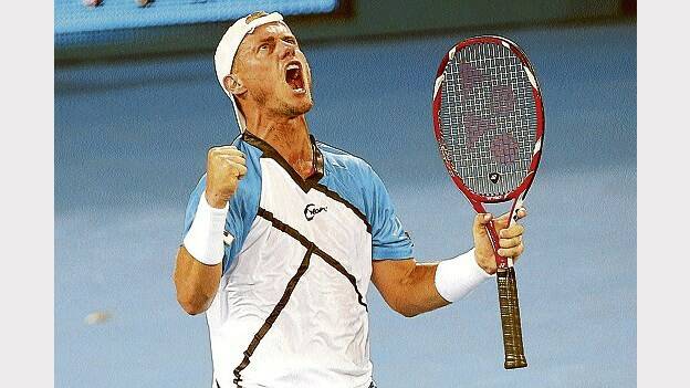 COME ON: Lleyton Hewitt celebrates his win into the quarter-finals of the Brisbane International. He beat world No.28 Feliciano Lopez yesterday. Picture: Getty Images.