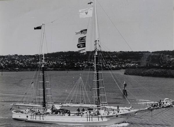 The ketch Defender sails on the Tamar River on January 5, 1988.