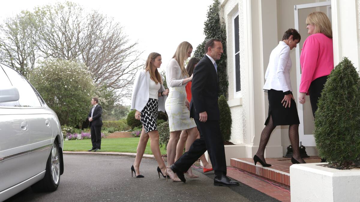 The Abbott family arrive for the swearing-in ceremony at Government House in Canberra. Photo: ALEX ELLINGHAUSEN