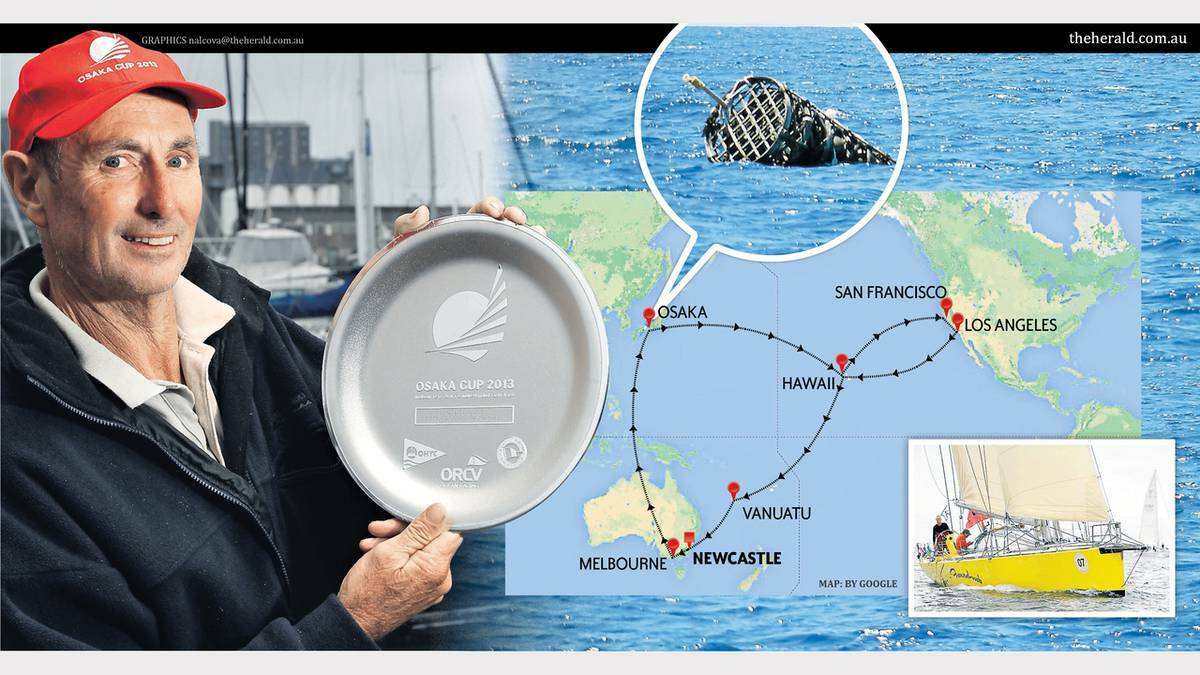  Clockwise from left, Ivan MacFadyen with his memento of the race, debris drifting off the coast of Japan, the sailing route and the Funnelweb.