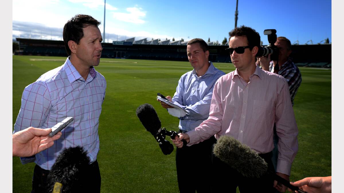 Ricky Ponting addresses the media at Aurora Stadium this morning. Picture: Geoff Robson