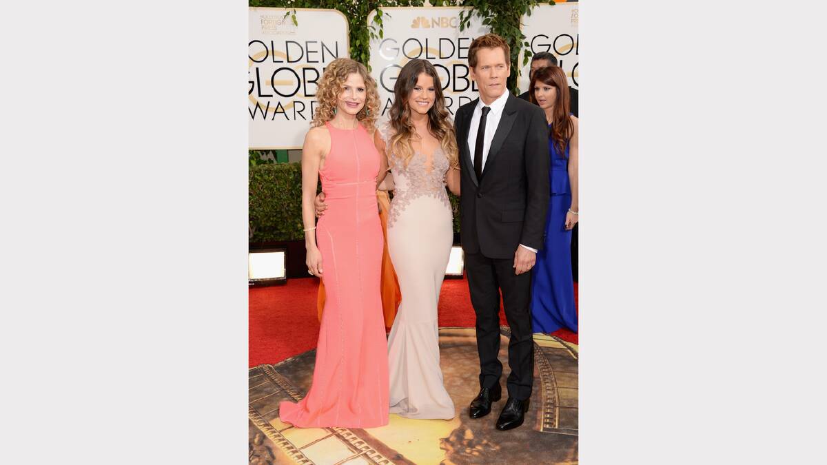 Kyra Sedgwick, Miss Golden Globe Sosie Bacon, and actor Kevin Bacon. Picture: Getty Images