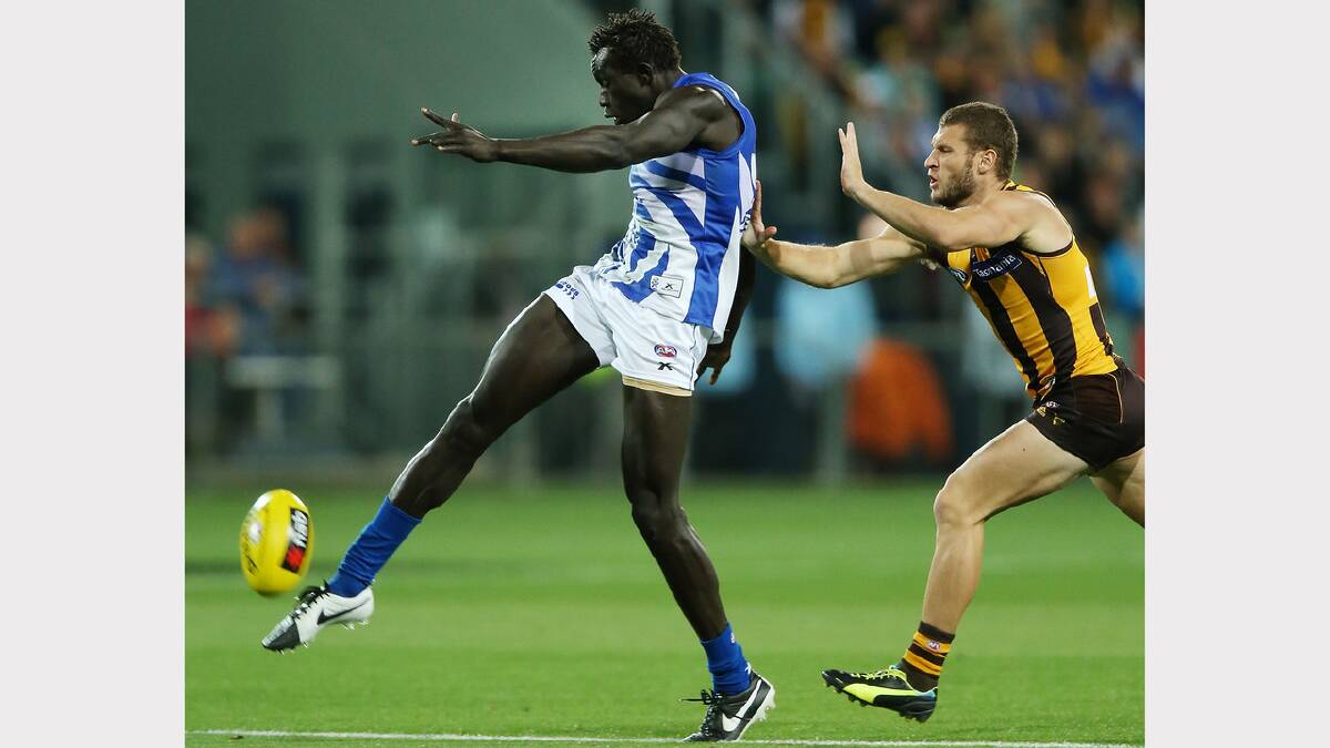 North Melbourne player Majak Daw was allegedly racially abused at a recent NAB Cup game at Aurora Stadium. Picture: Getty Images