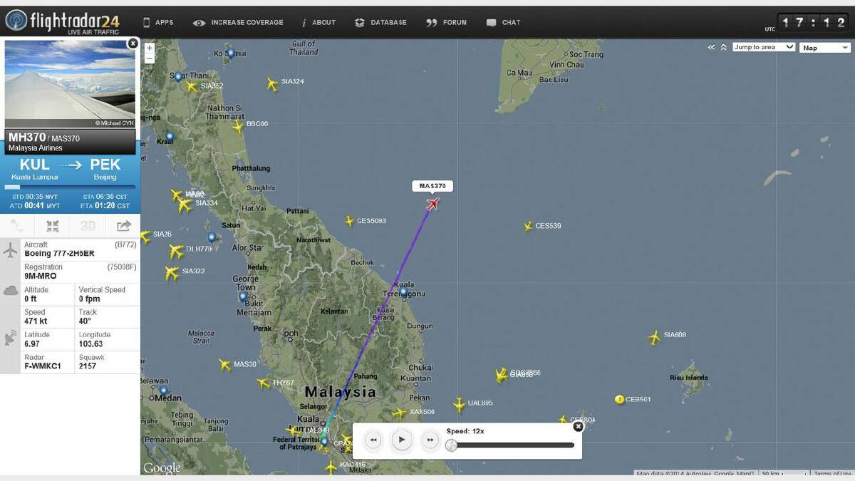 A Flightradar24.com image shows the last known location of the plane. "This is the last signal that we received from flight #MH370. Please also take in notice that this is an area where we have good coverage" - Flightradar24.com's Facebook page.