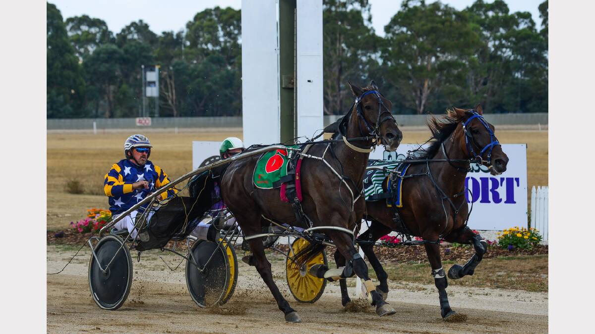 Braeview Sniper driven by Grant Hodges, takes on the Carrick pacing track. Picture: Phillip Biggs