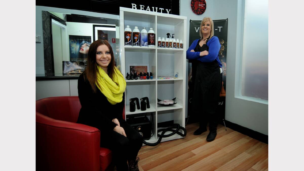 Transformation on Trevallyn staff member Jasmine Piubello with salon owner Jamie Burns who agrees that solarium tans are just not worth the risk of cancer. Picture: GEOFF ROBSON