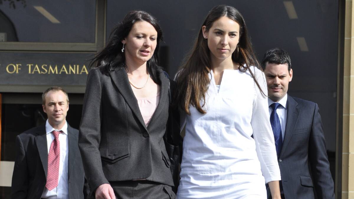  Susan Blyth Neill-Fraser's daughters Emma Fraser-Meeker (left) and Sarah Bowles leaving the Supreme Court in Hobart earlier this year.