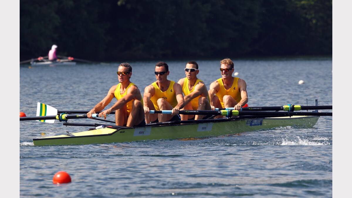 Samuel Beltz, Benjamin Cureton, Todd Skipworth and Anthony Edwards of Australia row in the lightweight men's four at the Samsung World Rowing Cup III in Lucerne, Switzerland, 2012.