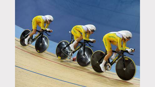  Australia's Women's Team Pursuit ride in the qualifying round at the Olympic Velodrome in London. 