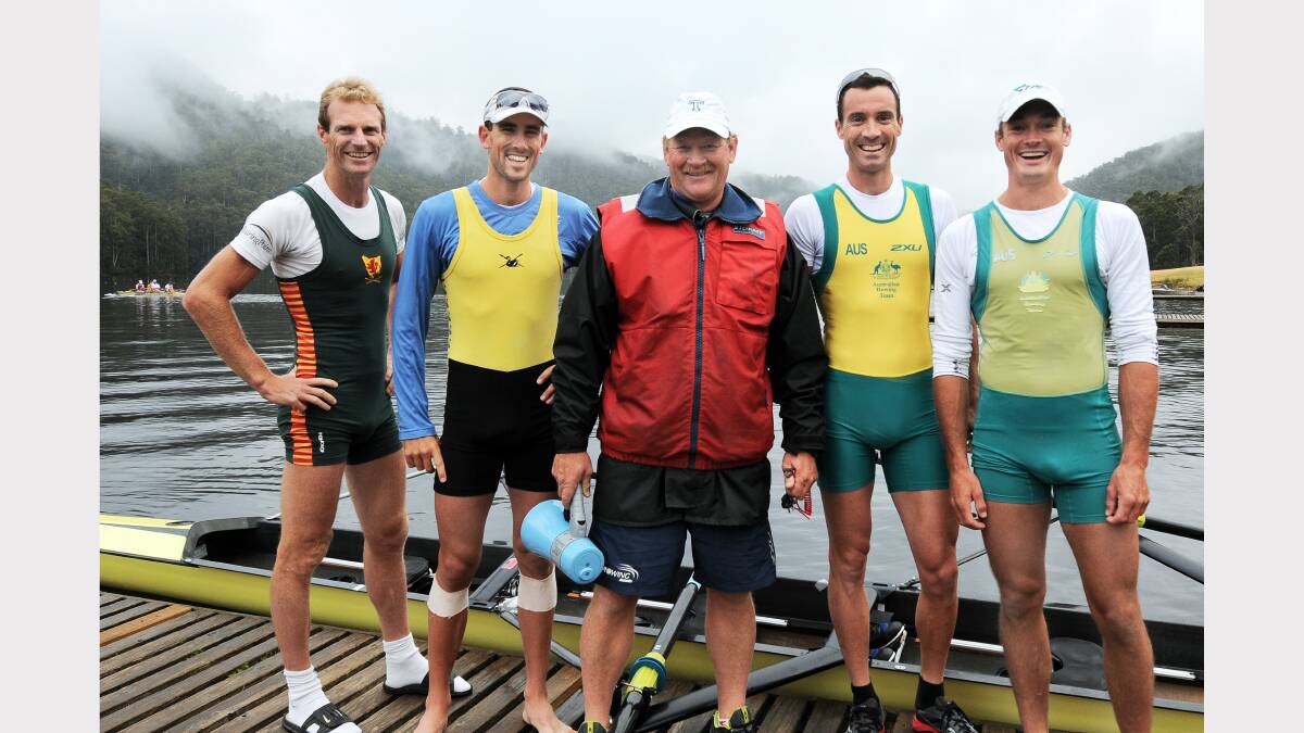 Australian Rowing Camp at Lake Barrington earlier this year. National Lightweight coach Brett Crow with  LtoR Anthony Edwards, Todd Skipworth , Ben Cureton and Sam Beltz.