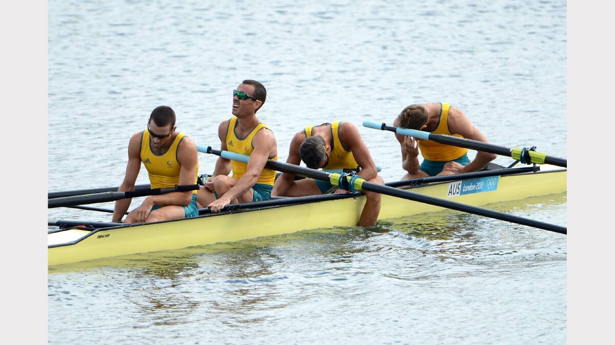 Todd Skipworth, Benjamin Cureton, Samuel Beltz and Anthony Edwards of Australia react after finishing outside of the medal positions in the Lightweight Men's Four final on Day 6 of the London 2012 Olympic Games.