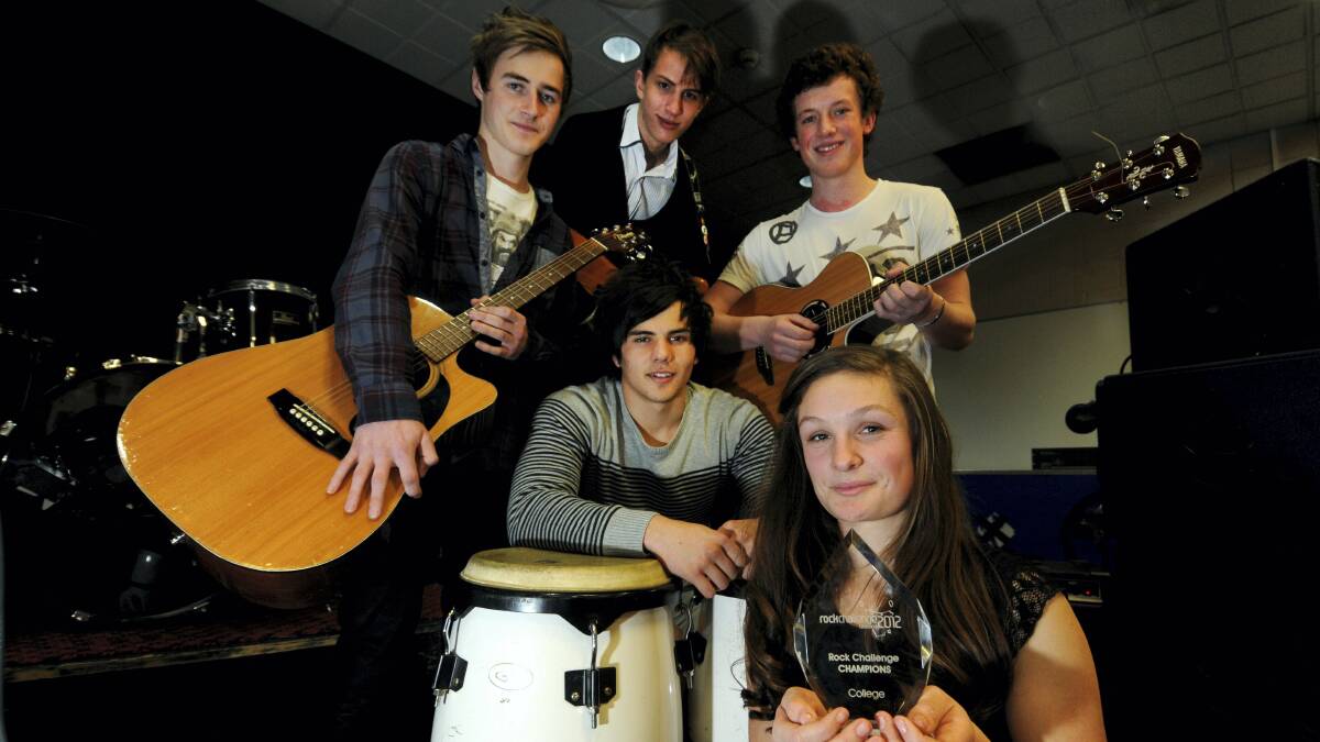 The Modern Cure members Oliver Marshall, Joshua Keddie, Will Smyth, Alex Quigley and Victoria Geale, who won the state final of the college rock challenge.  Picture: GEOFF ROBSON  