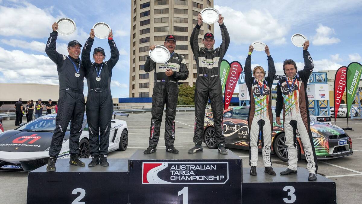 On the podium after the finish of Targa Wrest Point were second place-getters Matt and Casey Close, winners John and Jason White, and third place-getters Naomi Tillett and Tony Quinn.