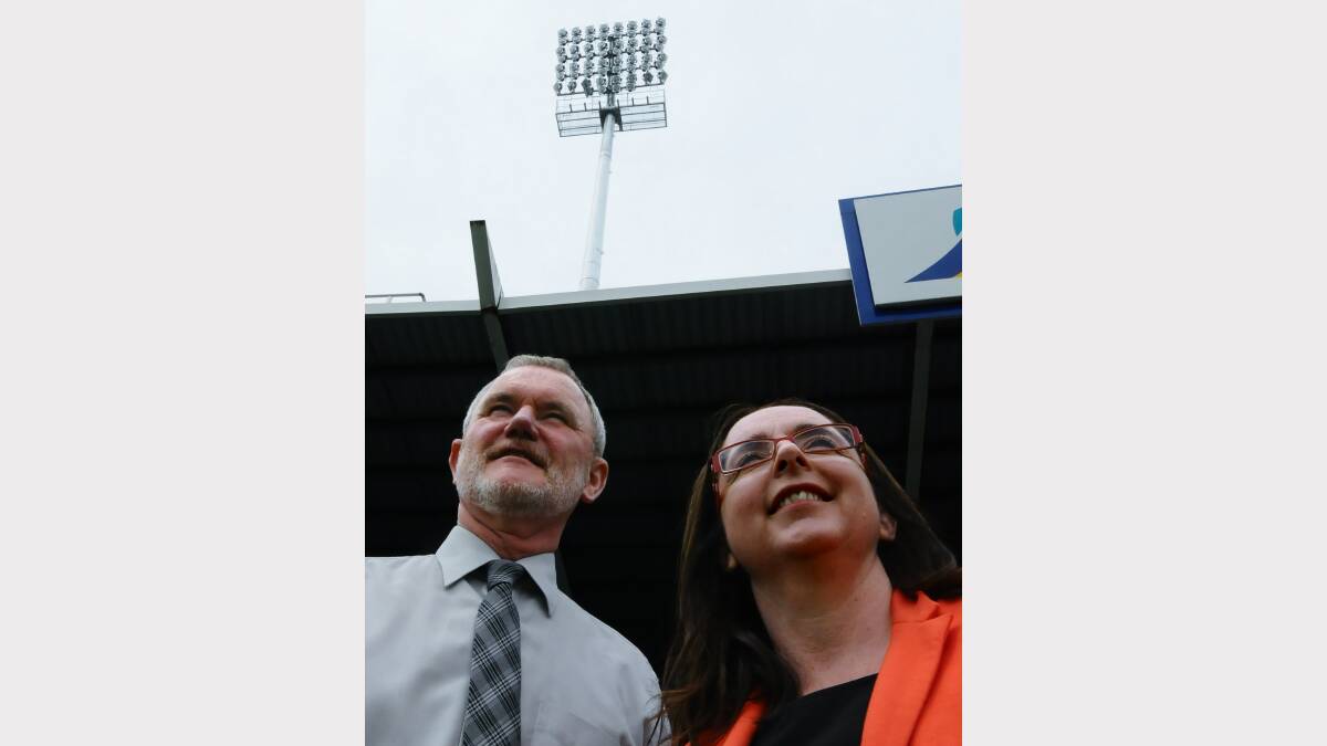 Launceston Mayor Albert van Zetten and Sports Minister Michelle O'Byrne at Aurora Stadium yesterday. Picture: Neil Richardson.