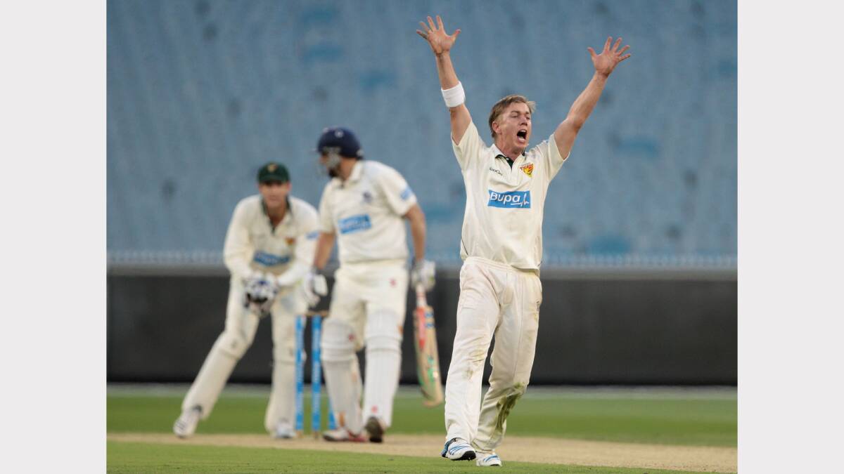 Xavier Doherty successfully appeals for a lbw decision against David Hussey.