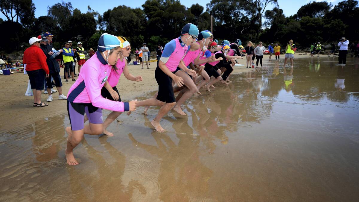 Young lifesavers hit the water running at the start of the boys under-13 board race at the Port Sorell Surf Fiesta yesterday.  Picture: GEOFF ROBSON