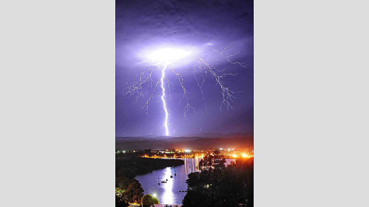Saturday December 8 2012  photo:  Phillip Biggs Lightning bolt over the Tamar River at Tailrace, Riverside.