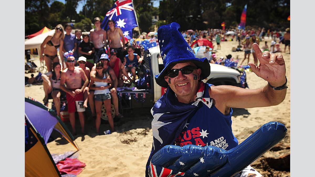 Australia Day: Dean Latham of Blackstone Heights has celebrated Australia Day with family and friends at Bridport for the past four years at Croquet Lawn Beach Thursday January 26 2012  photo:  Phillip Biggs