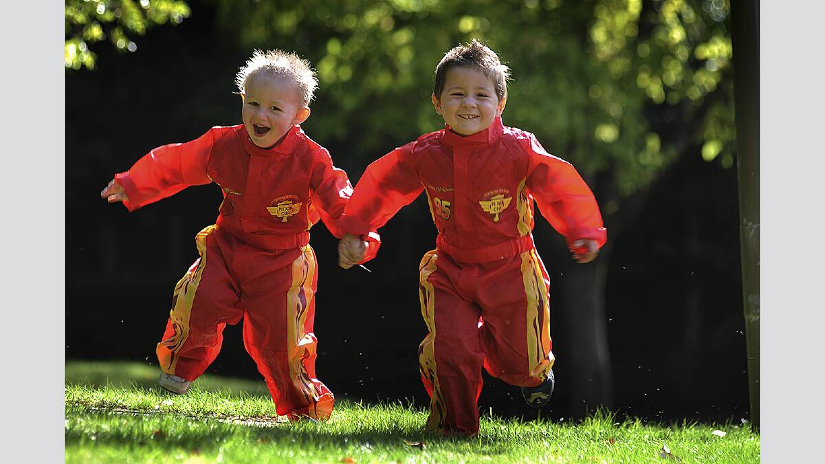 Three year old Tyler Wakefield of Summerhill and Bailey Doble of South Launceston are looking forward to the racing when Lightning McQueen comes to Symmons Plains race track next week. photo:  Phillip Biggs  report:  Rob Shaw Friday March 23 2012 