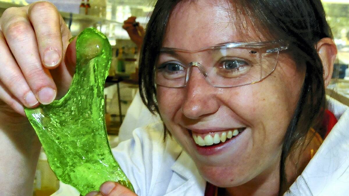 PhD student Adel Wilson shows students from Northern Tasmania how easy it is to make green slime. Picture: NEIL RICHARDSON