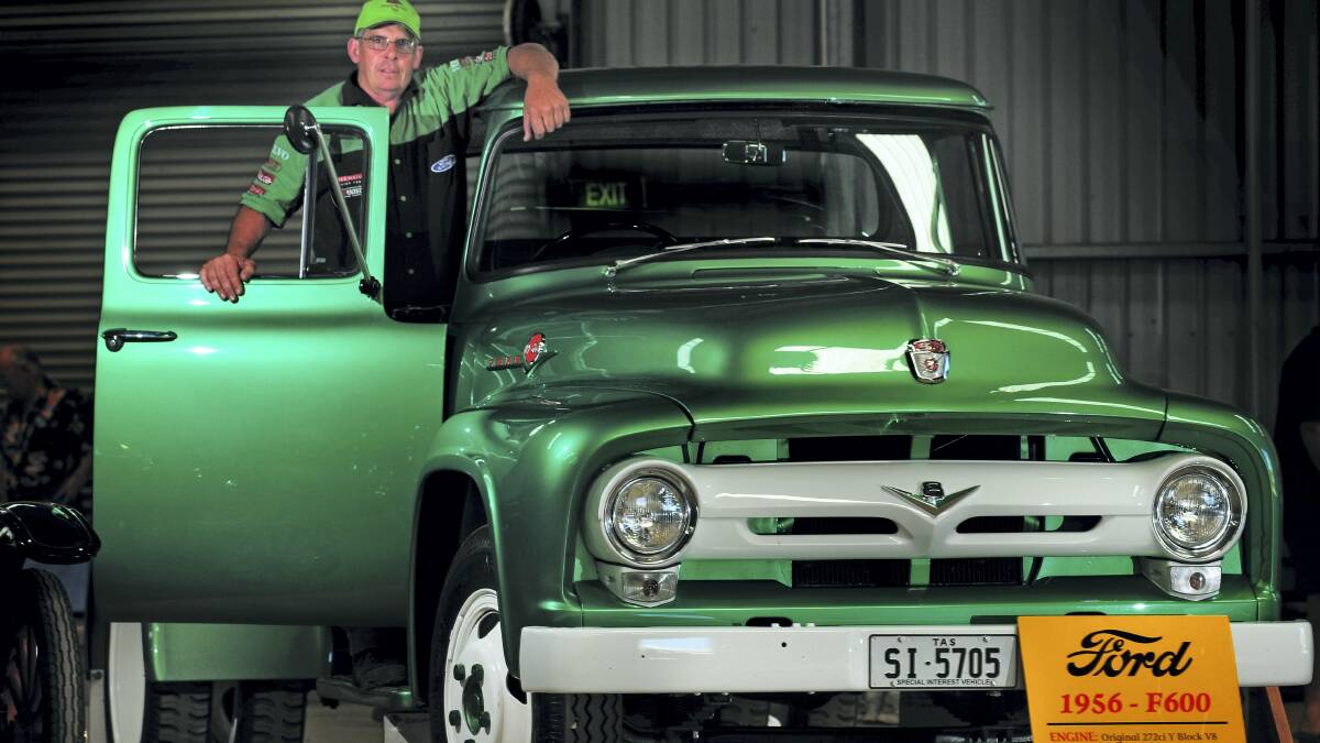 Ewan Stephens, of Mole Creek, with his restored 1956 Ford F600 truck, which originally belonged to his grandfather. Picture: PHILLIP BIGGS
